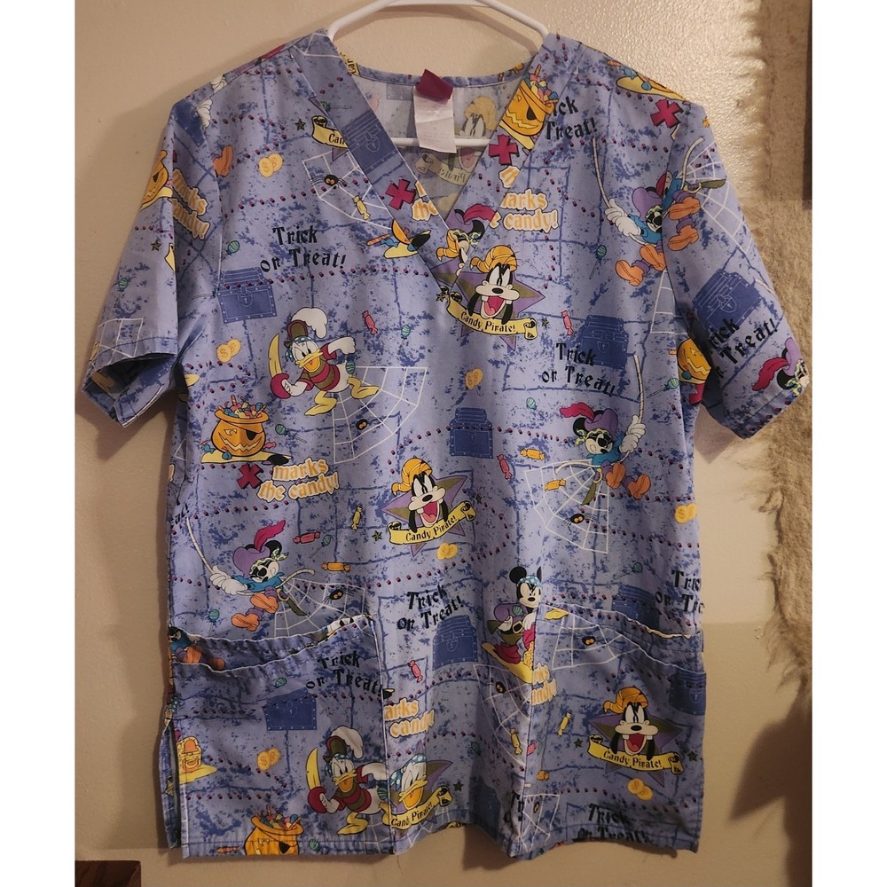 The Wonderful World Of‎ Disney Nurse Scrub Top Sm Halloween Mickey Goofy Donald